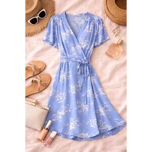 GAP Women's Blue Floral Wrap Midi Dress Short Sleeve V-Neck Tie Waist Size XL